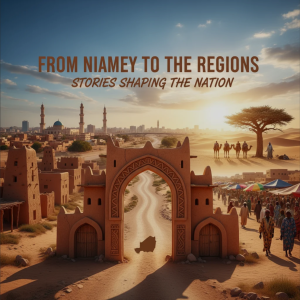 Panoramic view of Niamey city skyline merging into rural landscapes of Niger, symbolizing unity between urban progress and regional culture.