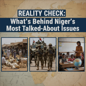 A realistic view of Niamey city with people, government buildings, and daily life, symbolizing Niger’s political and social challenges.