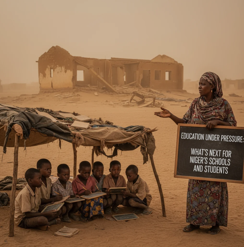 Students studying in a Niger classroom with limited resources