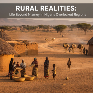 Nigerien villagers walking through dry farmland at sunset outside Niamey