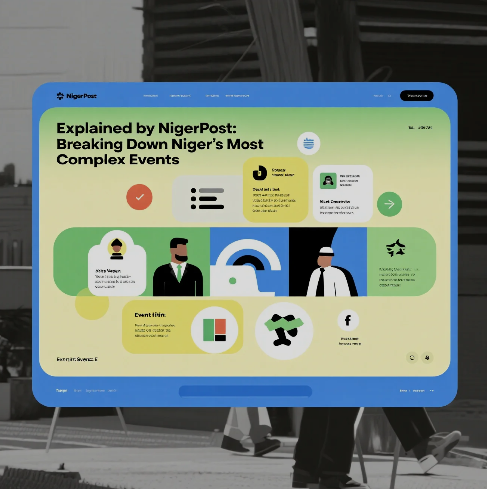 Visual concept of NigerPost explaining complex events in Niger, showing news analysis and regional context