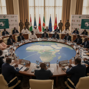 A map of the Sahel region with Niger highlighted, symbolizing security and regional cooperation