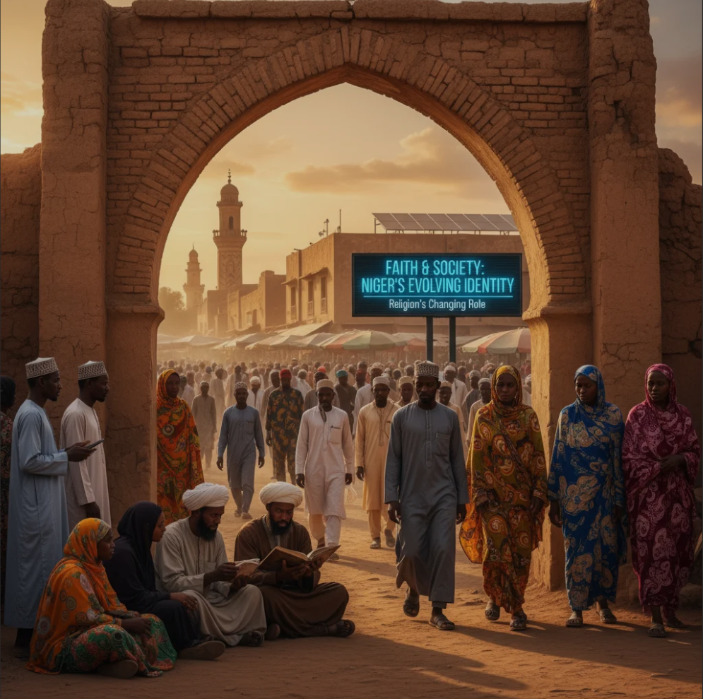 Community members in Niger gathered outside a traditional Sahel-style mosque, representing faith and social identity in Niger