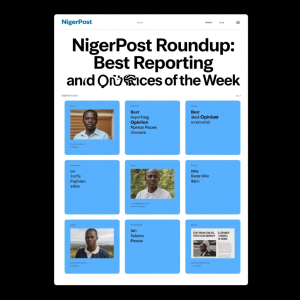 Collage showing NigerPost website headlines, reporters in the field, and Nigerien landmarks