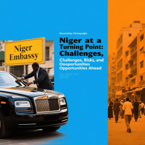 Landscape of Niger with city and desert elements representing national transition, challenges, and development opportunities