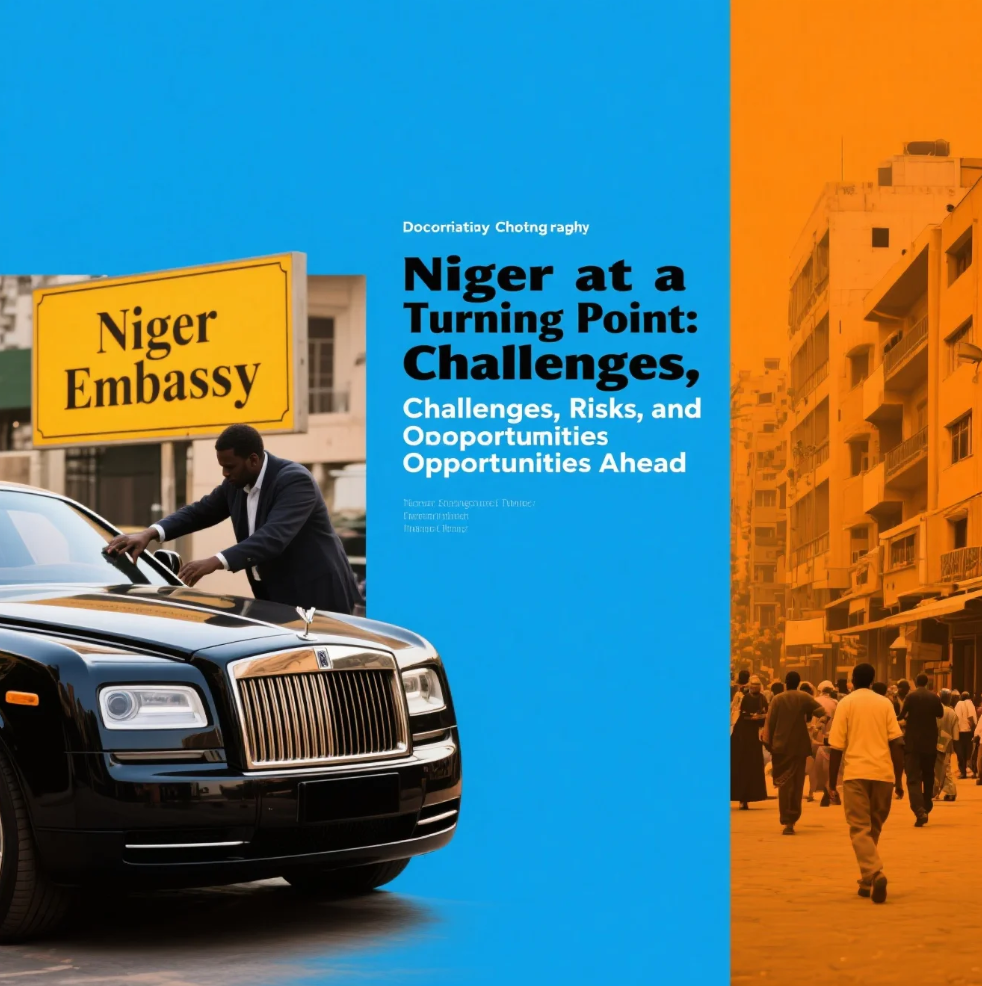 Landscape of Niger with city and desert elements representing national transition, challenges, and development opportunities